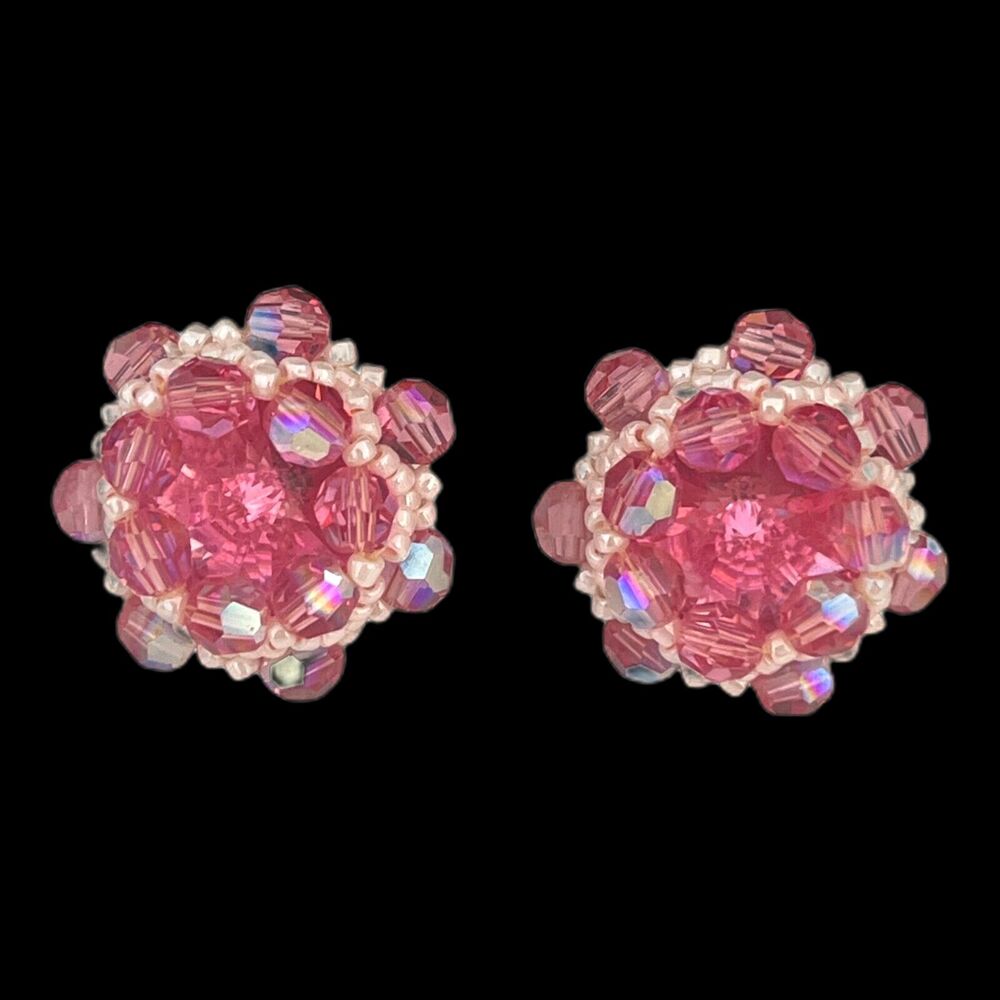 Vintage 1980s Pink Crystal Beaded Cluster Earrings Seed Bead Pierced Studs - 5D